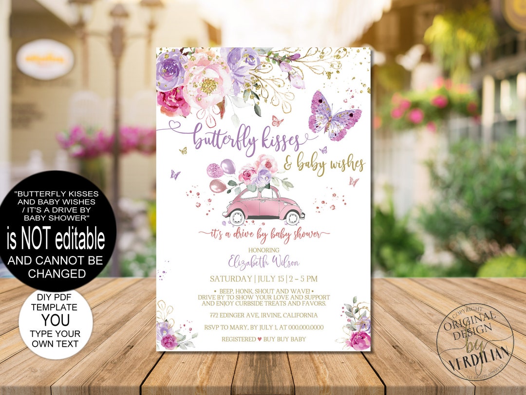 Butterfly Drive by Baby Shower Invitation Template, Hot Pink Purple