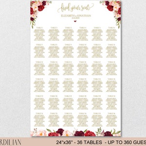 Seating Chart Template, Wedding Floral Burgundy Peonies Seating Chart Printable DIY Editable PDF-DOWNLOAD Instantly VRD137NWG Bild 5
