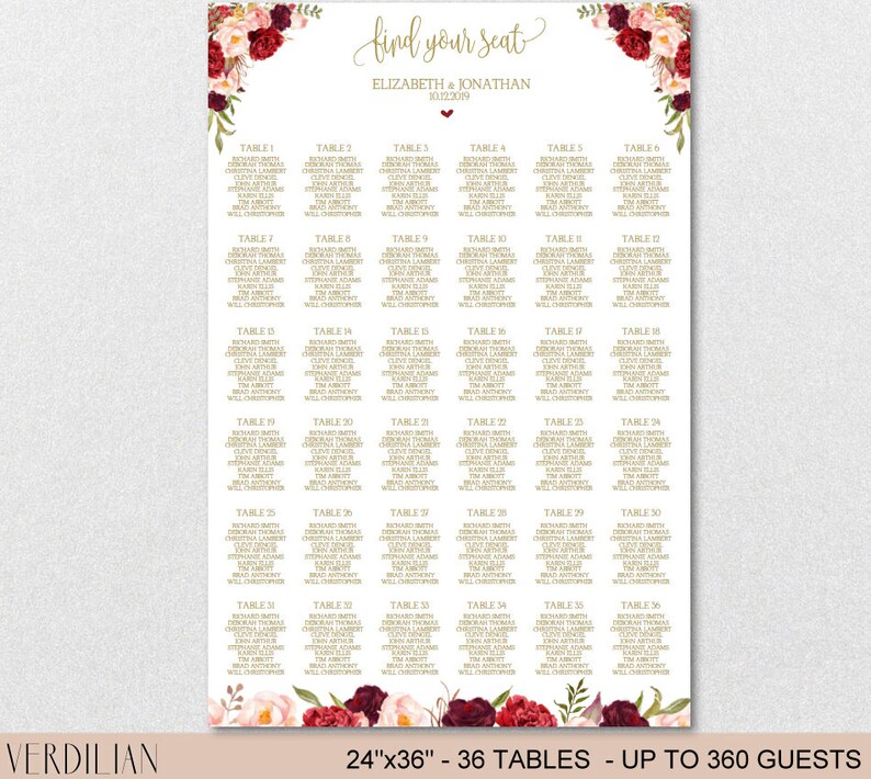 Seating Chart Template, Wedding Floral Burgundy Peonies Seating Chart Printable DIY Editable PDF-DOWNLOAD Instantly VRD137NWG Bild 5