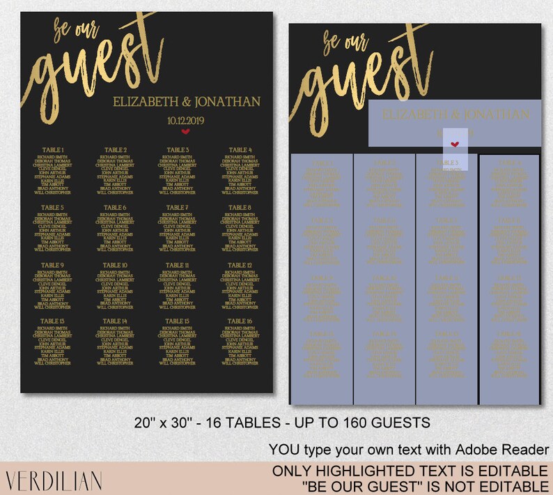 Be Our Guest Seating Chart Printable Template Black Gold Etsy
