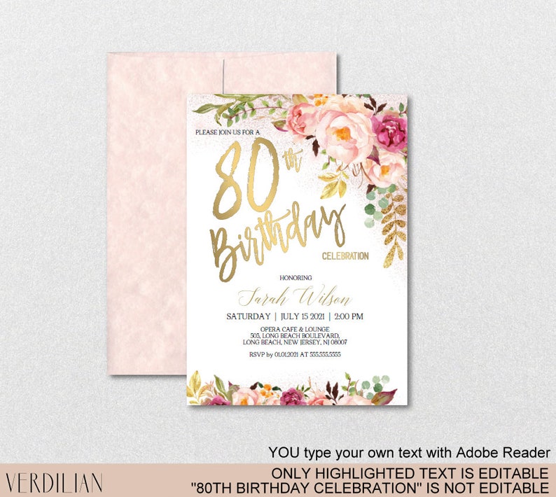 DIY 80th Birthday Invitation Template Blush Gold Floral - Etsy