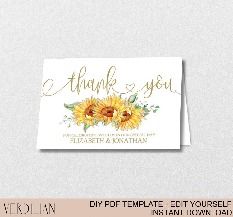 Sunflower Thank You Card Printeble Template printable Folded | Etsy