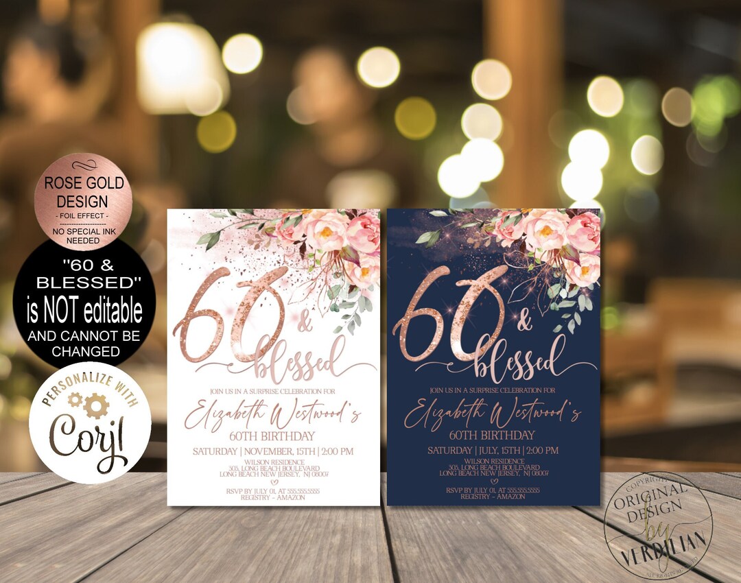 60 & Blessed 60th Birthday Invitations for Women Blush Pink - Etsy