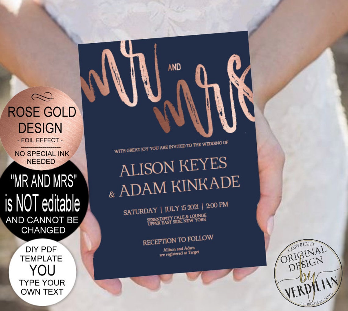 Navy Rose Gold Wedding Invitation Template Set DIY Printable image 1