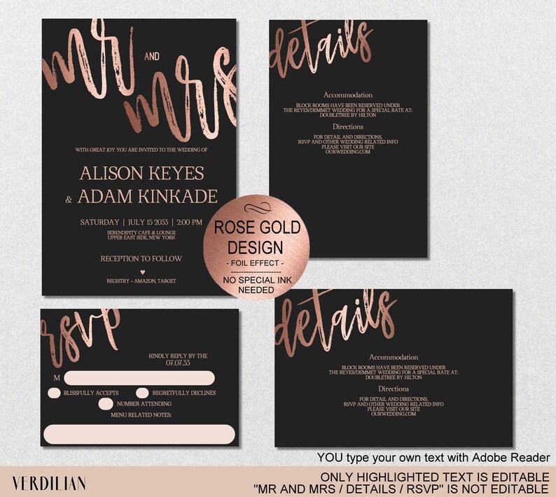 Black Rose Gold Wedding Invitation Template Set DIY image 1