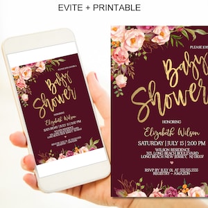 Baby Shower Invitation Template, Digital Burgundy Pink Gold Floral Baby Shower Invitation Girl Printable Corjl Instant Download|VRD505NW