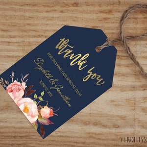 Wedding Favor Tags Template Floral Navy Gold Wedding Thank - Etsy