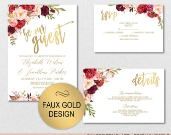 Burgundy Floral Gold Wedding Invitation Template Set-Watercolor Flowers Invite - DIY Printable PDF Invitations-Download Instantly| VRD137WDV