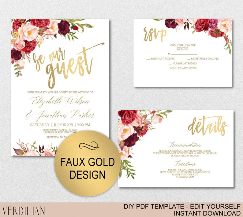 Burgundy Floral Gold Wedding Invitation Template Set-Watercolor Flowers Invite DIY Printable PDF Invitations-Download Instantly VRD137WDV image 1