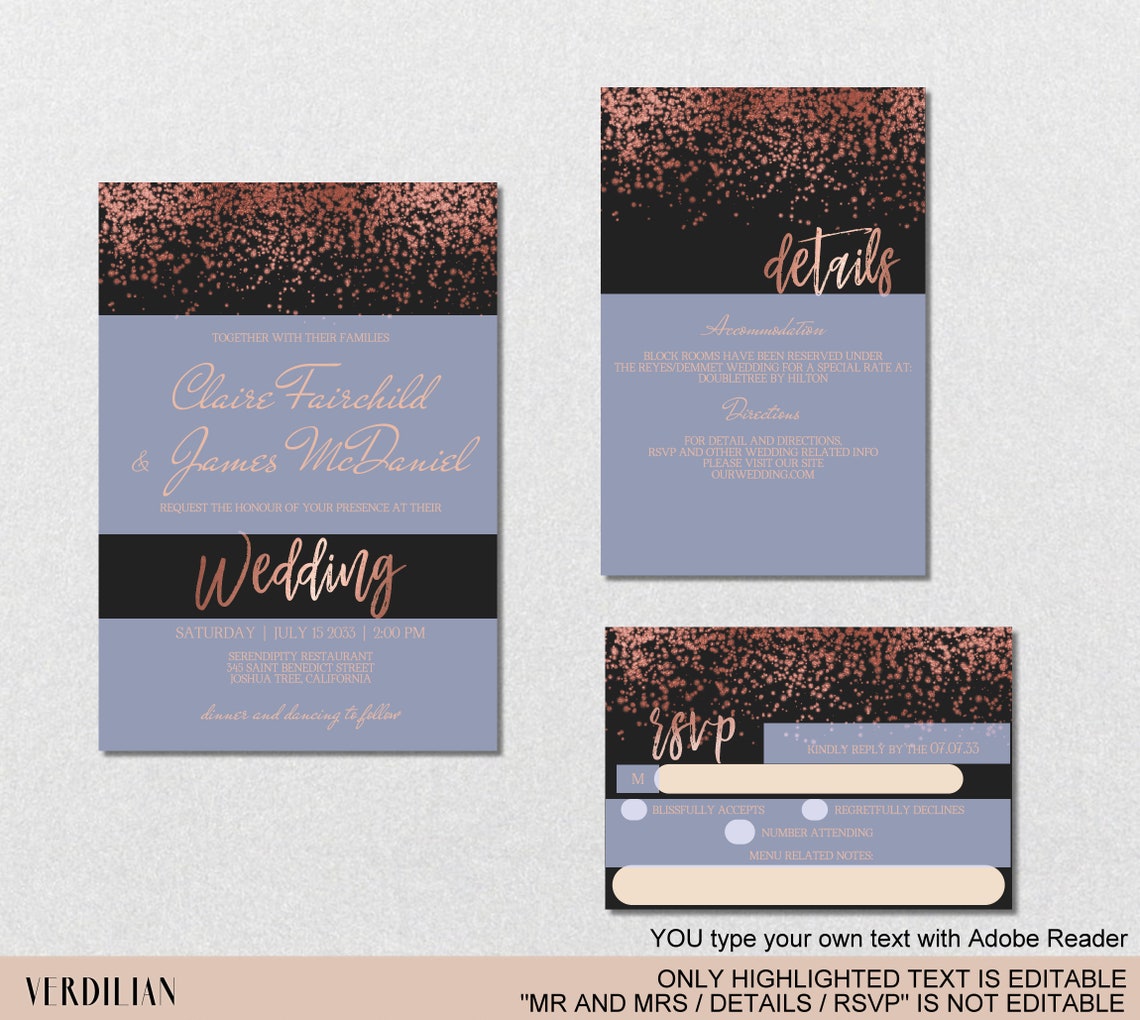 Black Rose Gold Wedding Invitation Template Set DIY Etsy