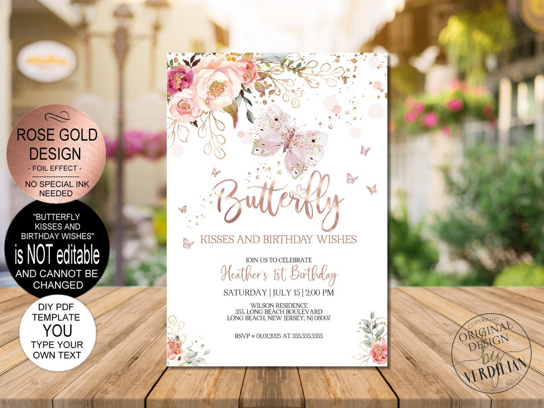 Butterfly Kisses and Birthday Wishes Pink Rose Gold 1st Birthday