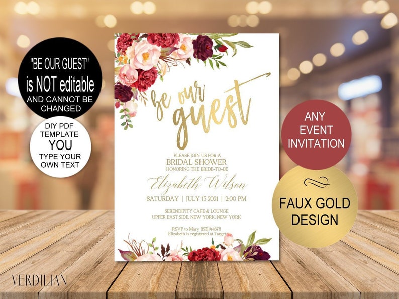 DIY Any Event Gold Invitation Template, Bridal Shower, Be our guest Birthday Invitation, Baby Shower Printable,PDF Instant Download|VRD137DV 