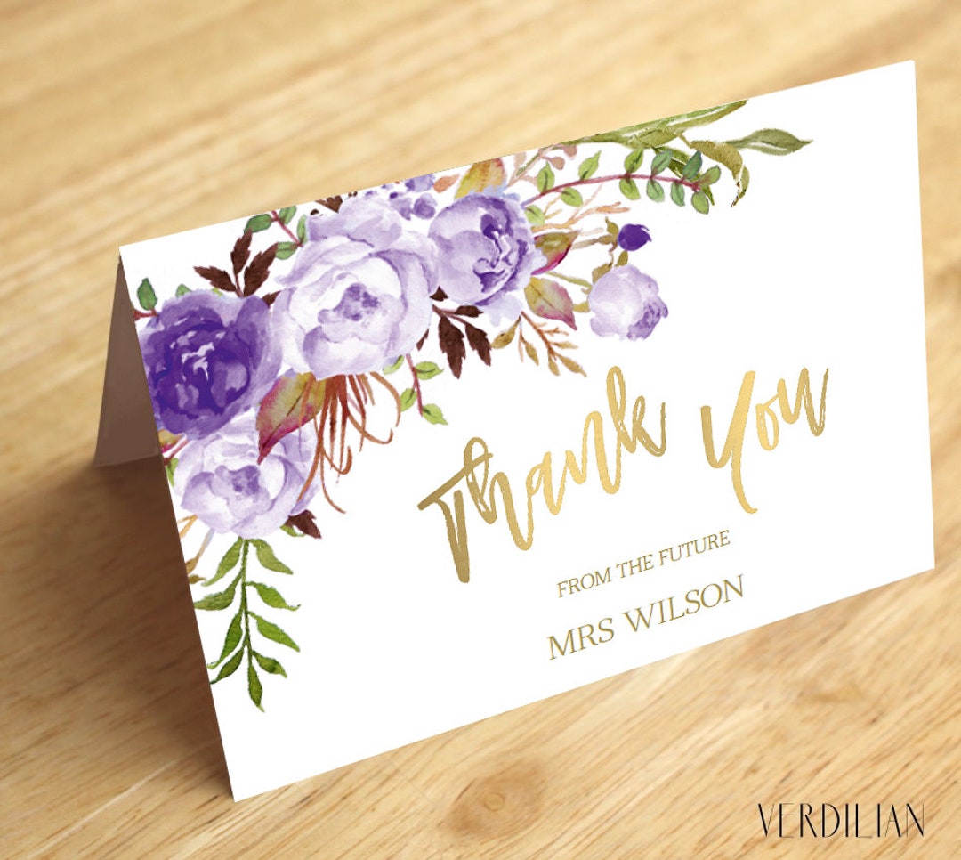 Purple Floral Gold Thank You Card Template - Printable Folded Thank You ...