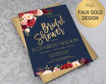 Navy Gold Bridal Shower Invitation,Floral Bridal Shower Invite,Navy Gold Wedding Invite,Wedding Printable,DIY PDF Instant Download|VRD165BGB