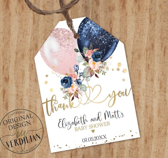 Favor Tags PDF Template Blush Navy Balloons Floral Greenery | Etsy