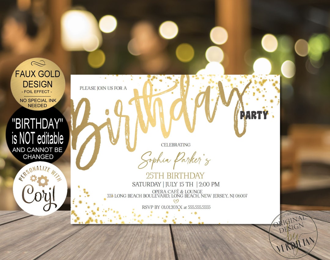 Gold Birthday Invitation Digital Printable Template Gold Etsy