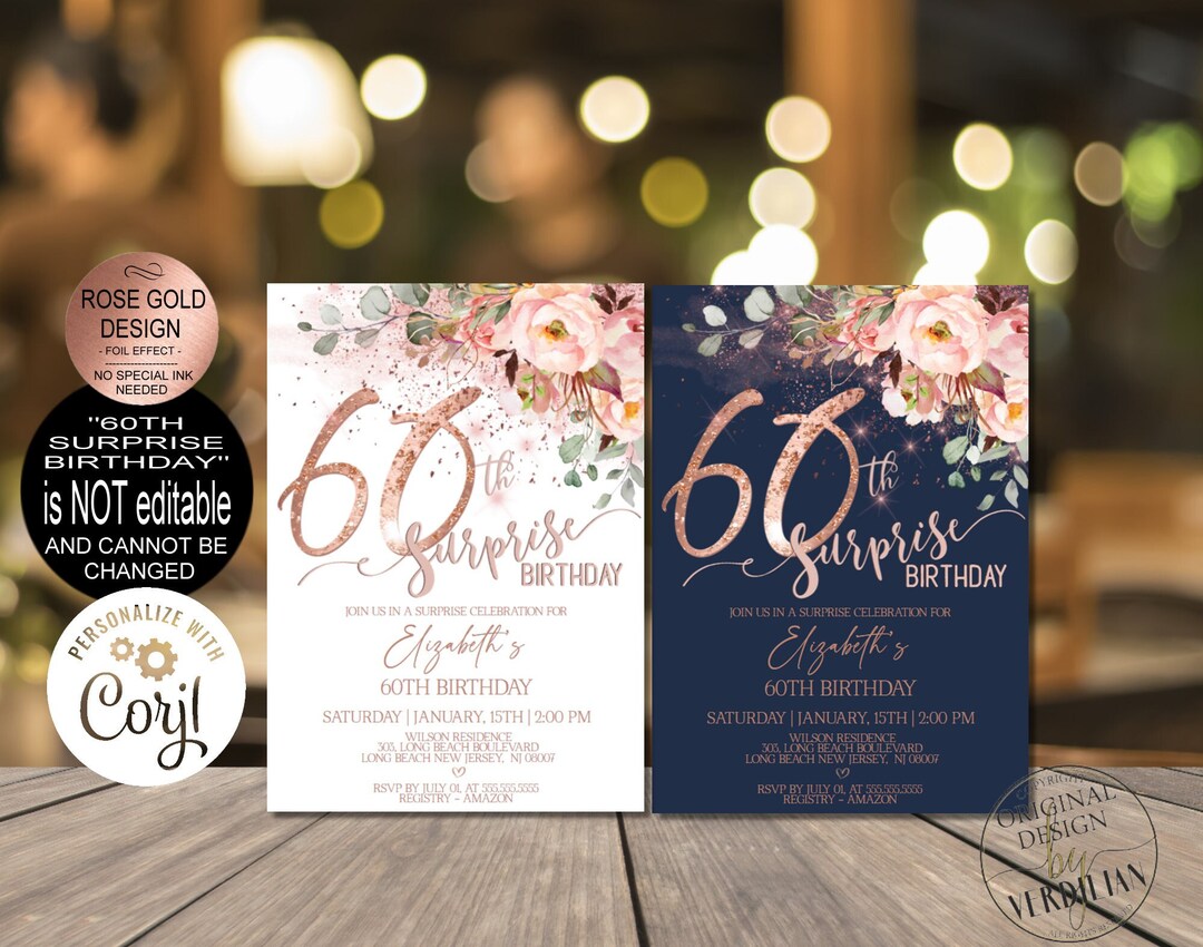 Surprise 60th Birthday Invitations for Women Rose Gold Glitter Floral