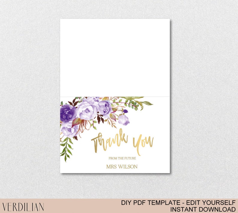 Purple Floral Gold Thank You Card Template Printable Folded | Etsy