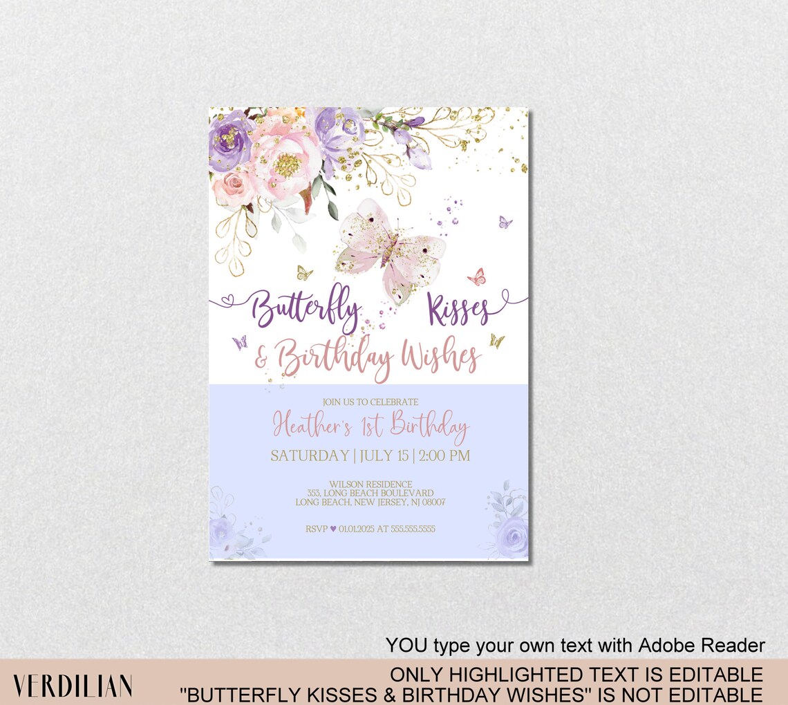 Butterfly Kisses and Birthday Wishes Pink Purple Gold 1st Etsy