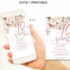 Überraschungs 90. Geburtstagseinladungen für Frauen Vintage Blau Rose Gold Blumen Überraschung 90