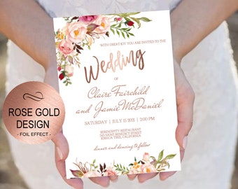 Blush Rose Gold Wedding Invitation Template Set- Blush Flowers Watercolor Invite-DIY Printable Invitations-PDF-Download Instantly |VRD156RF