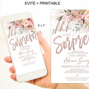 Sorpresa Birthday Invitation for Women, Spanish 60th 70th 75th  Any Age surprise party invitation Corjl Instant Download Evite |VRD500SGR z3