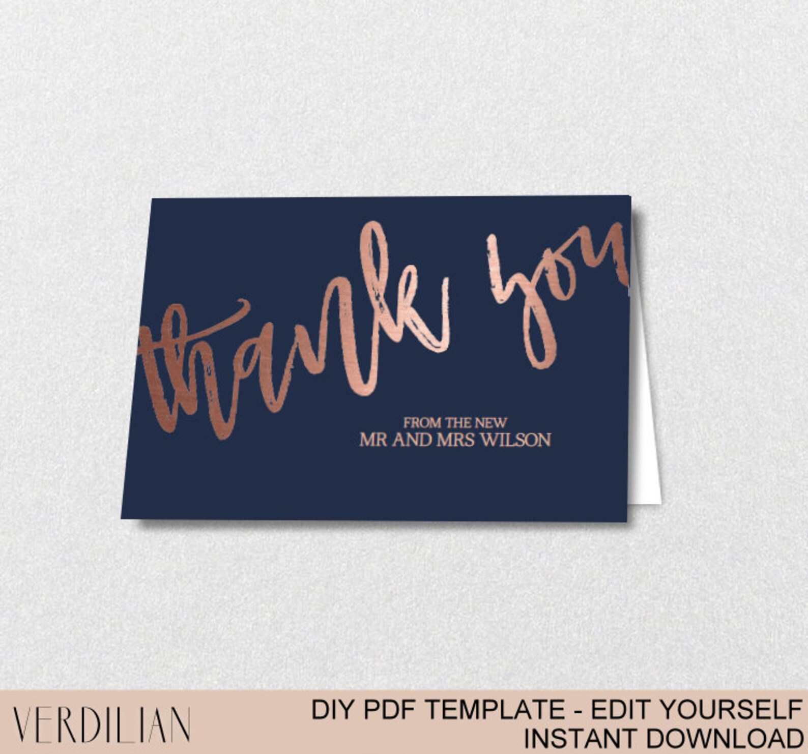 Navy Rose Gold Thank You Card Template Printable Folded - Etsy