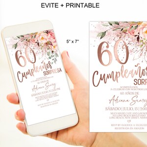 Spanish 60th Birthday Invitation for Women, 60 Cumpleanos Pink Rose Gold 60th Birthday Invitation Digital Corjl Instant Download |VRD560STR