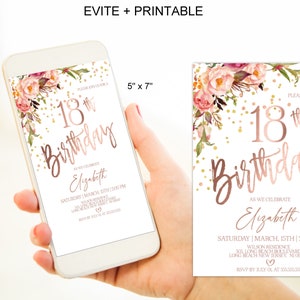 Rose Gold 18th Birthday Invitation Template Digital Birthday Party Invitation for Girls Corjl Evite Instant Download | VRD218BWRR