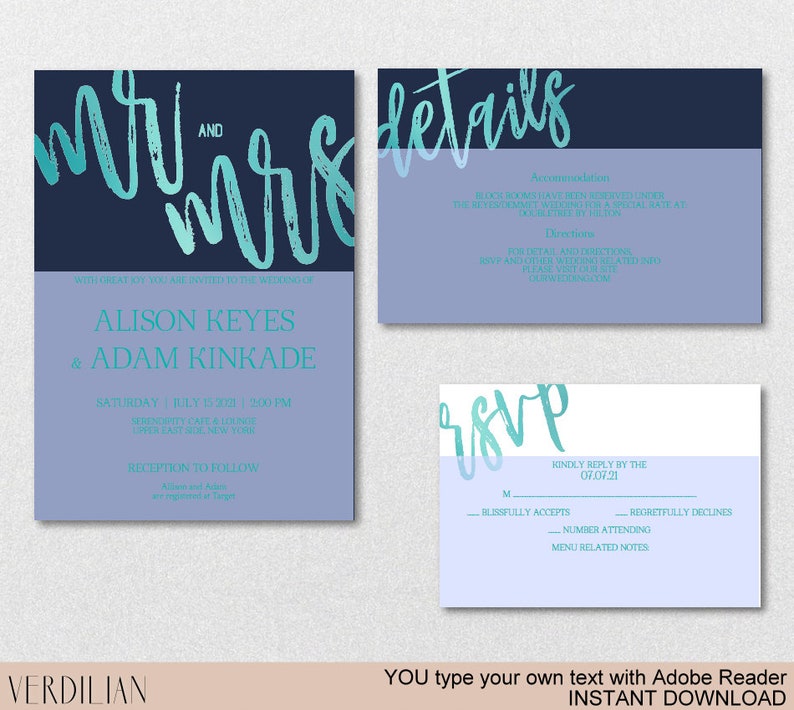 Navy Blue Wedding Invitation Template Set DIY Printable | Etsy