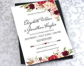 Printable Wedding Invitation Template. Floral Burgundy Rustic Watercolor Invite-DIY Printable Invitations-PDF-Download Instantly | VRD137AFS