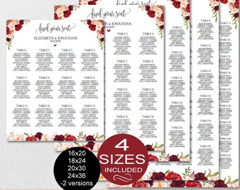 Wedding Seating Chart Template, Floral Burgundy Peonies Wedding Seating Chart Printable - DIY Editable PDF-DOWNLOAD Instantly | VRD137NWK