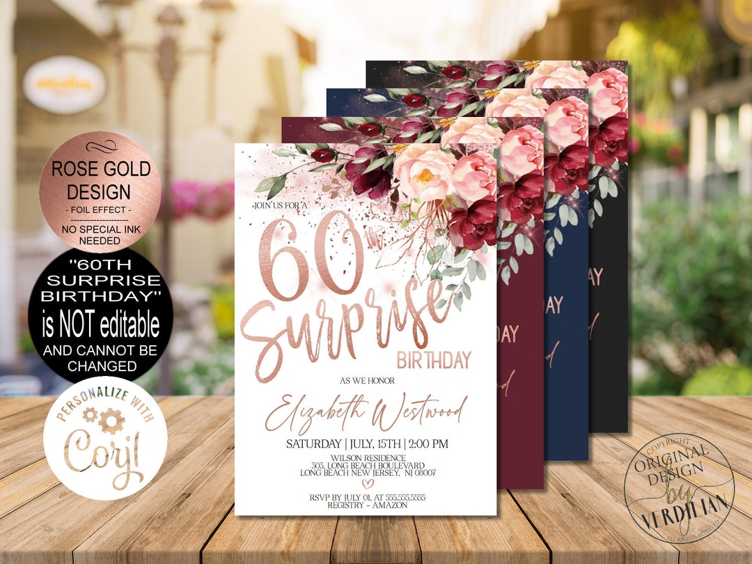 Surprise 60th Birthday Invitations for Womenburgundy Rose - Etsy
