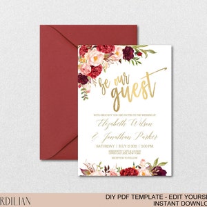 Burgundy Floral Gold Wedding Invitation Template Set-Watercolor Flowers Invite DIY Printable PDF Invitations-Download Instantly VRD137WDV image 5