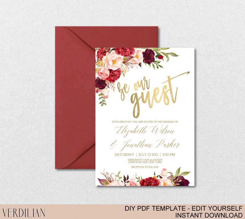 Burgundy Floral Gold Wedding Invitation Template Set-Watercolor Flowers Invite DIY Printable PDF Invitations-Download Instantly VRD137WDV image 5