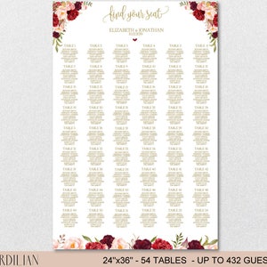 Seating Chart Template, Wedding Floral Burgundy Peonies Seating Chart Printable DIY Editable PDF-DOWNLOAD Instantly VRD137NWG image 6