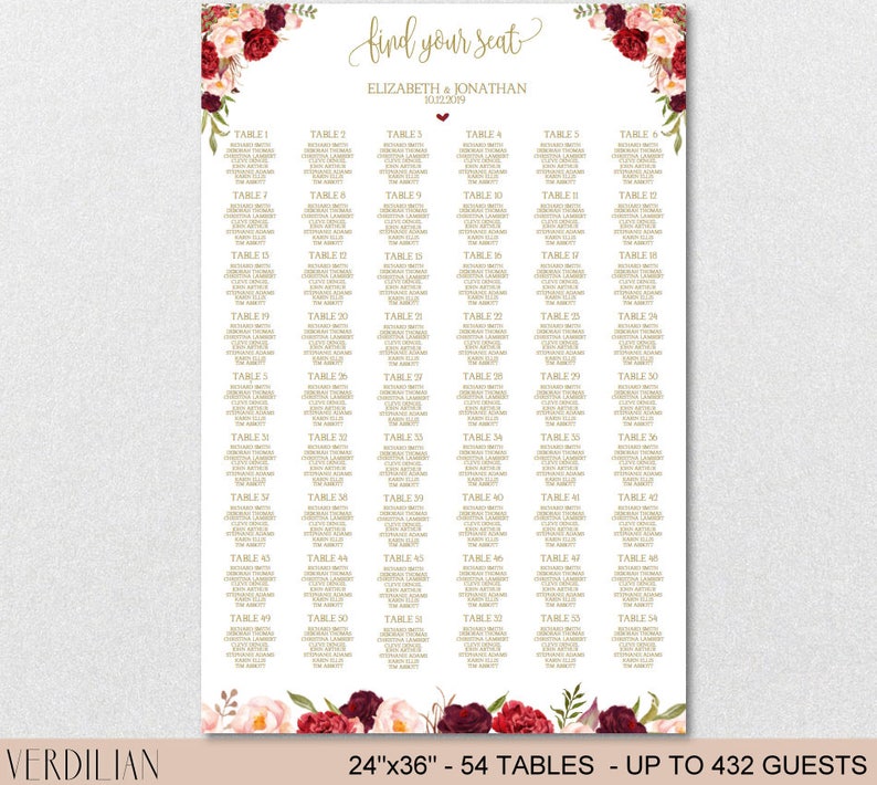 Seating Chart Template, Wedding Floral Burgundy Peonies Seating Chart Printable DIY Editable PDF-DOWNLOAD Instantly VRD137NWG Bild 6