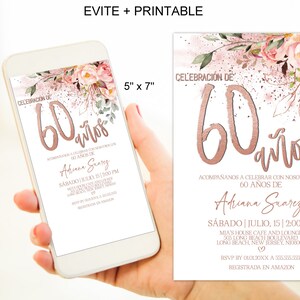 Spanish 60th Birthday Invitation for Women 60 Cumpleanos Floral Rose Gold 60th Birthday Evite Digial Corjl Instant Download|VRD560SRV z3