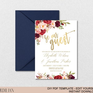 Burgundy Floral Gold Wedding Invitation Template Set-Watercolor Flowers Invite DIY Printable PDF Invitations-Download Instantly VRD137WDV image 6