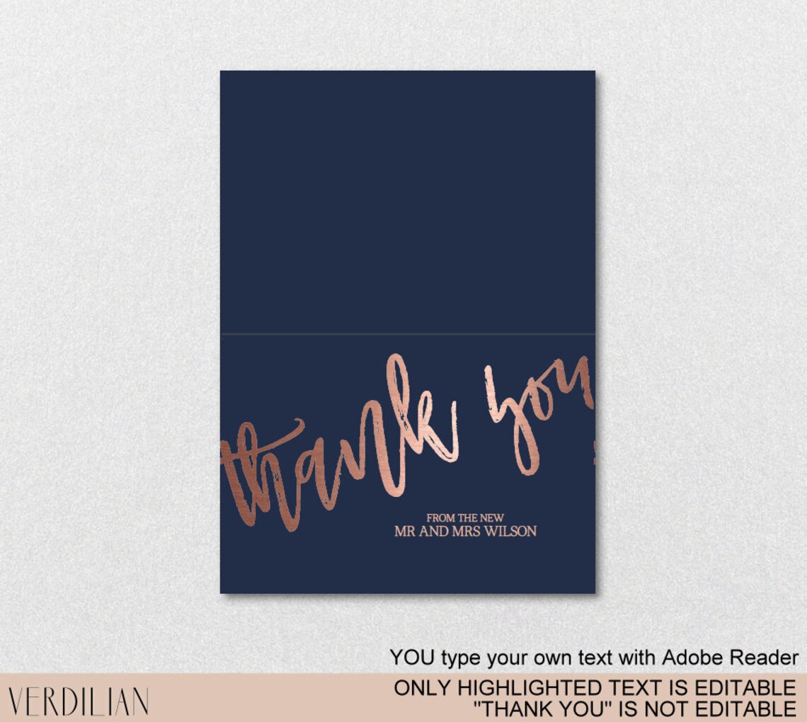 Navy Rose Gold Thank You Card Template Printable Folded Etsy