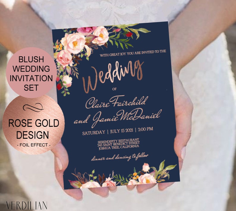 Navy Blush Rose Gold Wedding Invitation Template Set Etsy