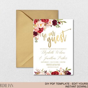 Burgundy Floral Gold Wedding Invitation Template Set-Watercolor Flowers Invite DIY Printable PDF Invitations-Download Instantly VRD137WDV image 4