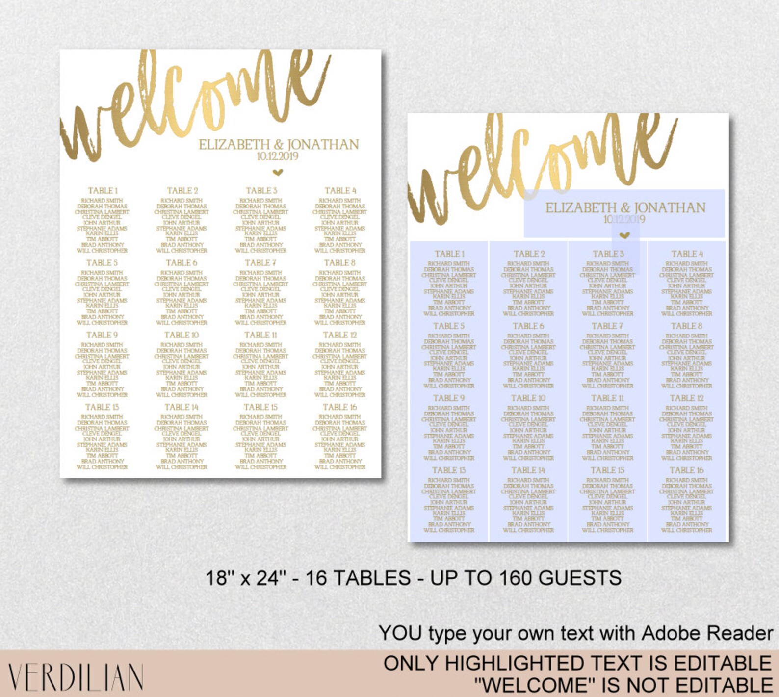 Wedding Seating Chart Printable Template 8 Versions Gold | Etsy