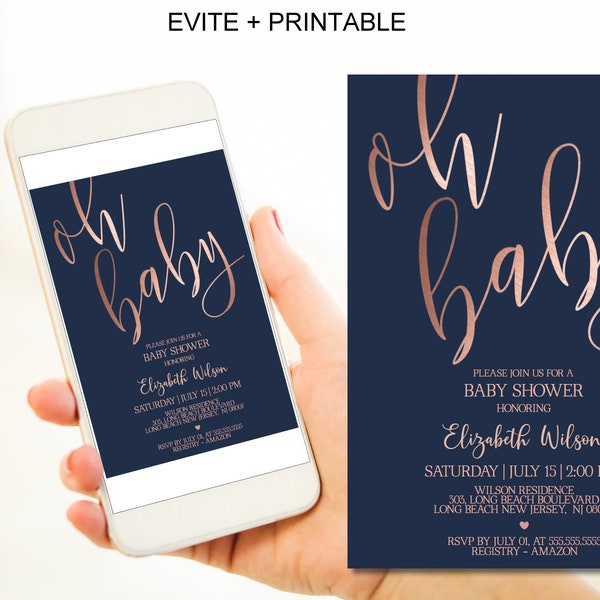 Rose Gold Baby Shower Invitation, Navy Blue Rose Gold Baby Shower Invitation Digital Navy Baby Shower Evite Corjl Instant Download|VRD108GBN