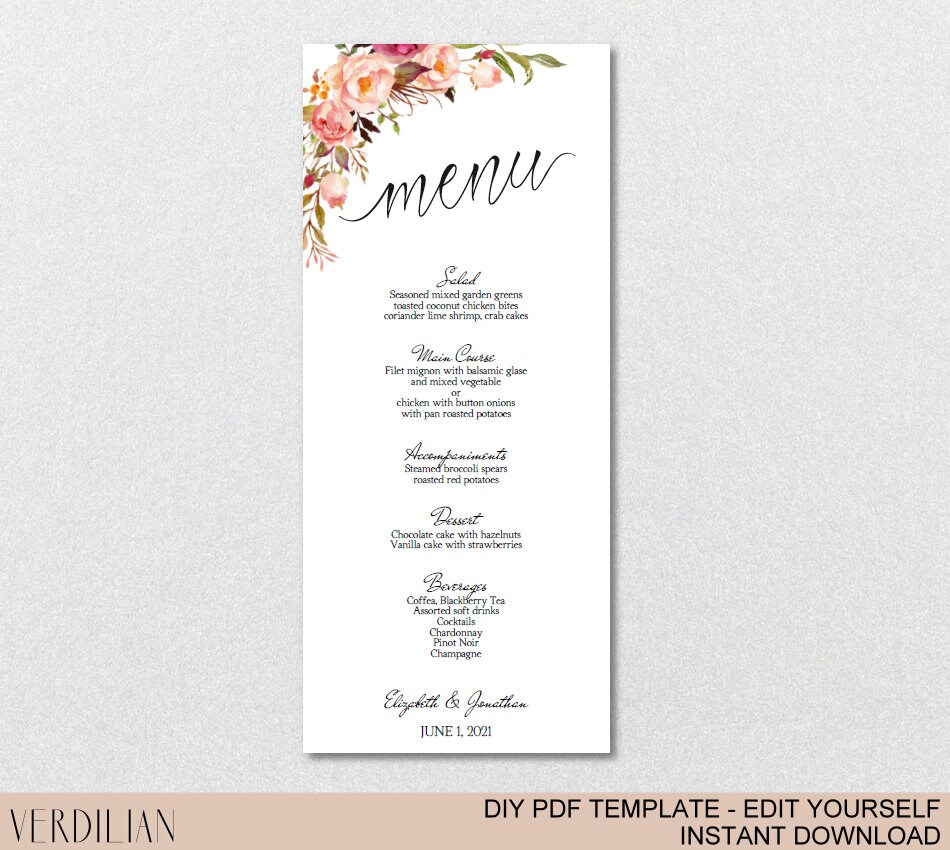 Blush Floral Wedding Menu Template Wedding Watercolor Etsy
