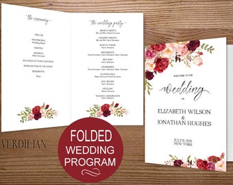 Folded Wedding Program Template, Wedding Program Printable - Floral Burgundy Order of Service-DIY Editable PDF-DOWNLOAD Instantly |VRD137SBF