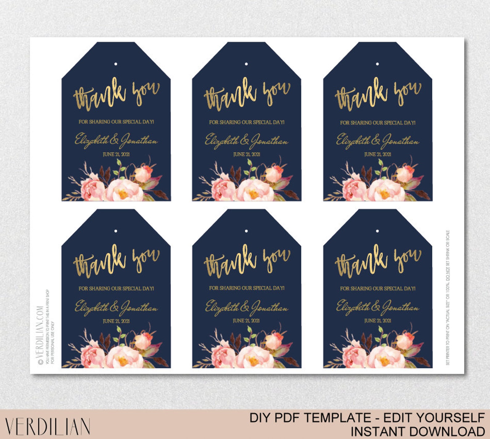 Wedding Favor Tags Template Floral Navy Gold Wedding Thank - Etsy