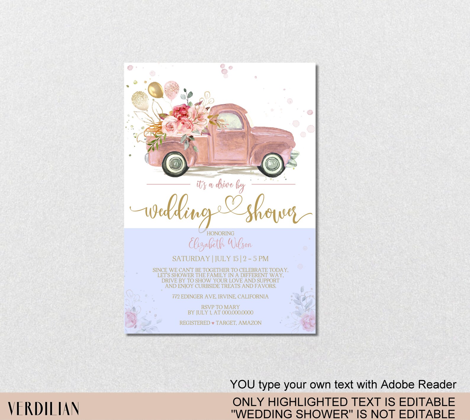 Drive by Wedding Shower Invitation Blush Floral Gold Bridal Etsy