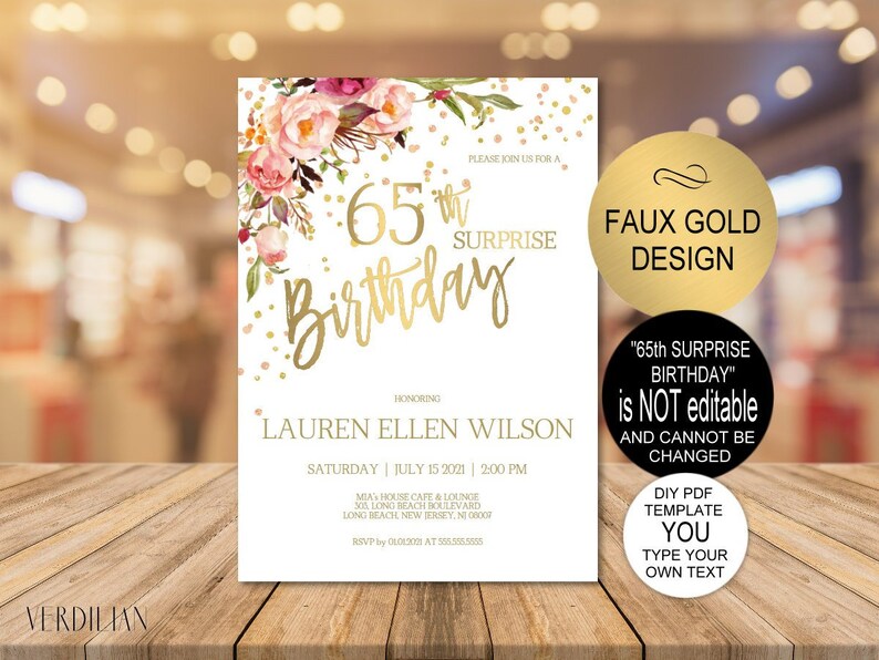 65th Surprise Birthday Invitation Blush Gold Floral Birthday | Etsy