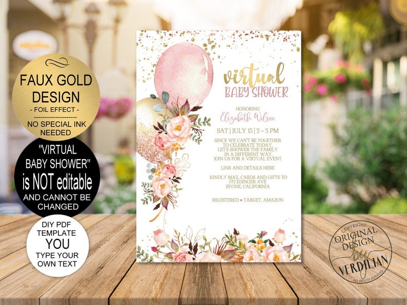Virtual Baby Shower Invitation Template Pink and Gold Etsy